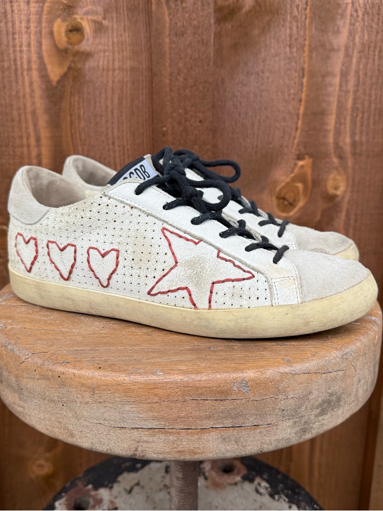 Authentic Ggdb White Suede Sneakers With Red Heart And Star Detail